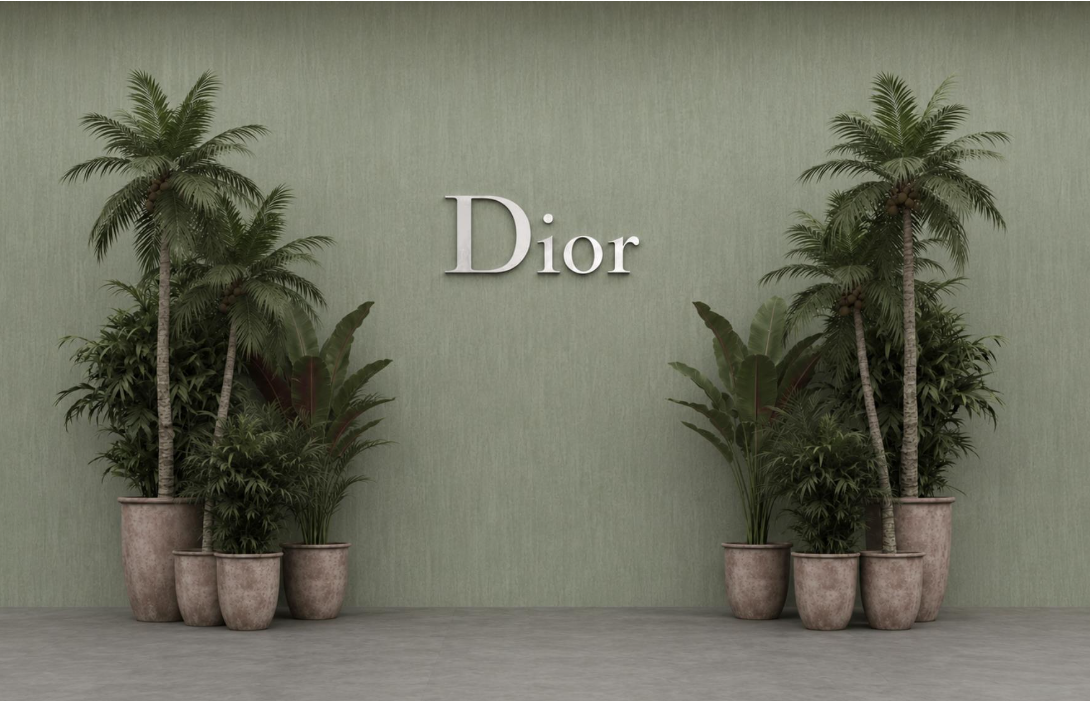 Dior signage flanked by potted palm trees against a green wall.