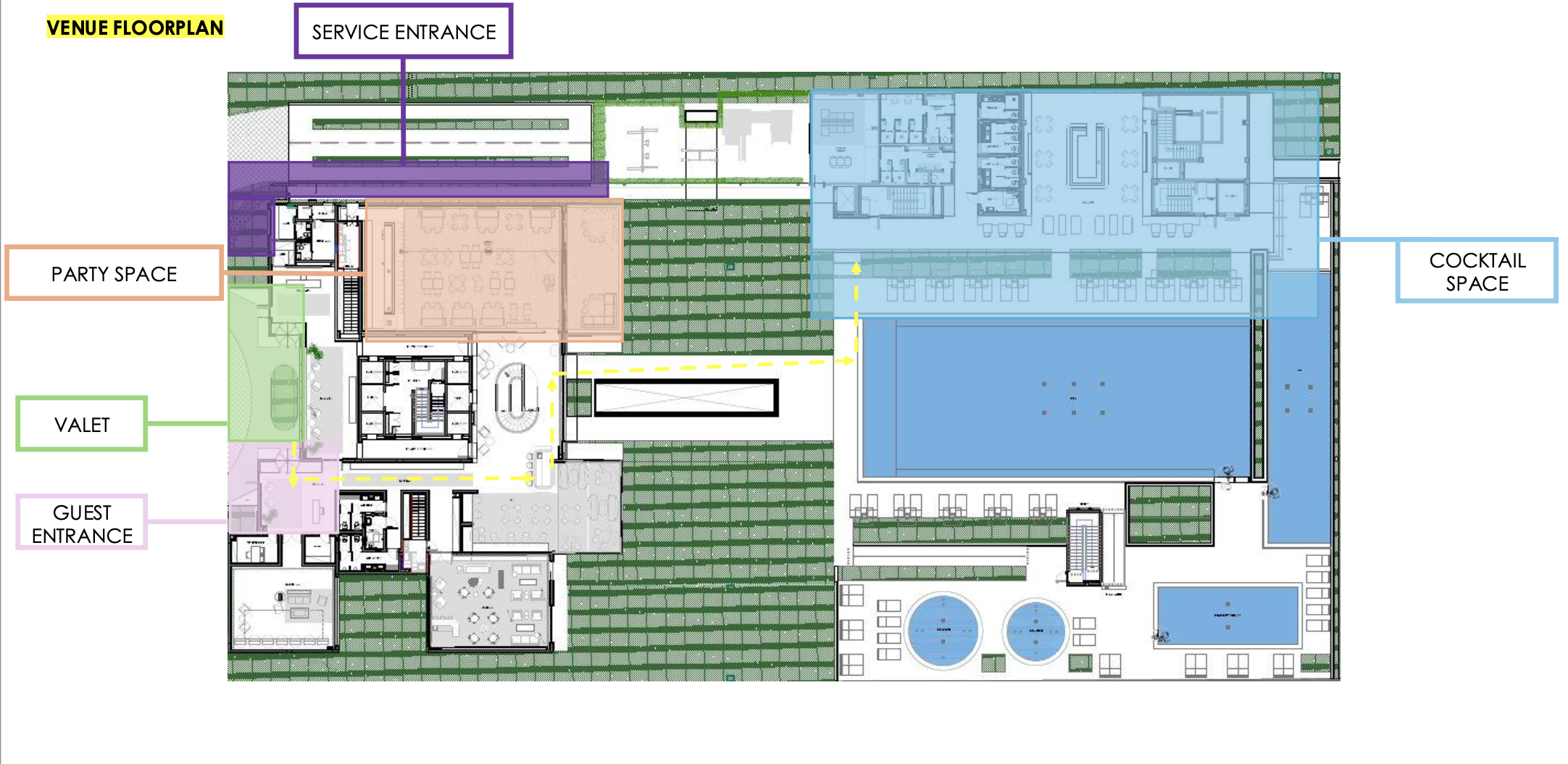 Venue floorplan for the Fasano Tennis Club event, marking the service entrance, party space, valet, guest entrance and cocktail space.