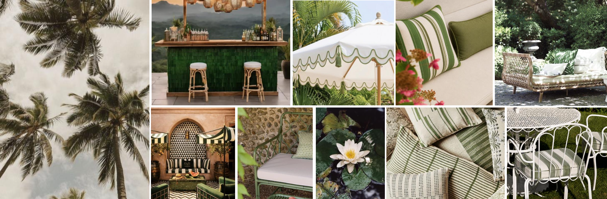 Mood board for the Sao Paulo Dior boutique opening: palm trees, green-and-white striped cabanas, tropical planting and garden furniture referencing Brazilian heritage.