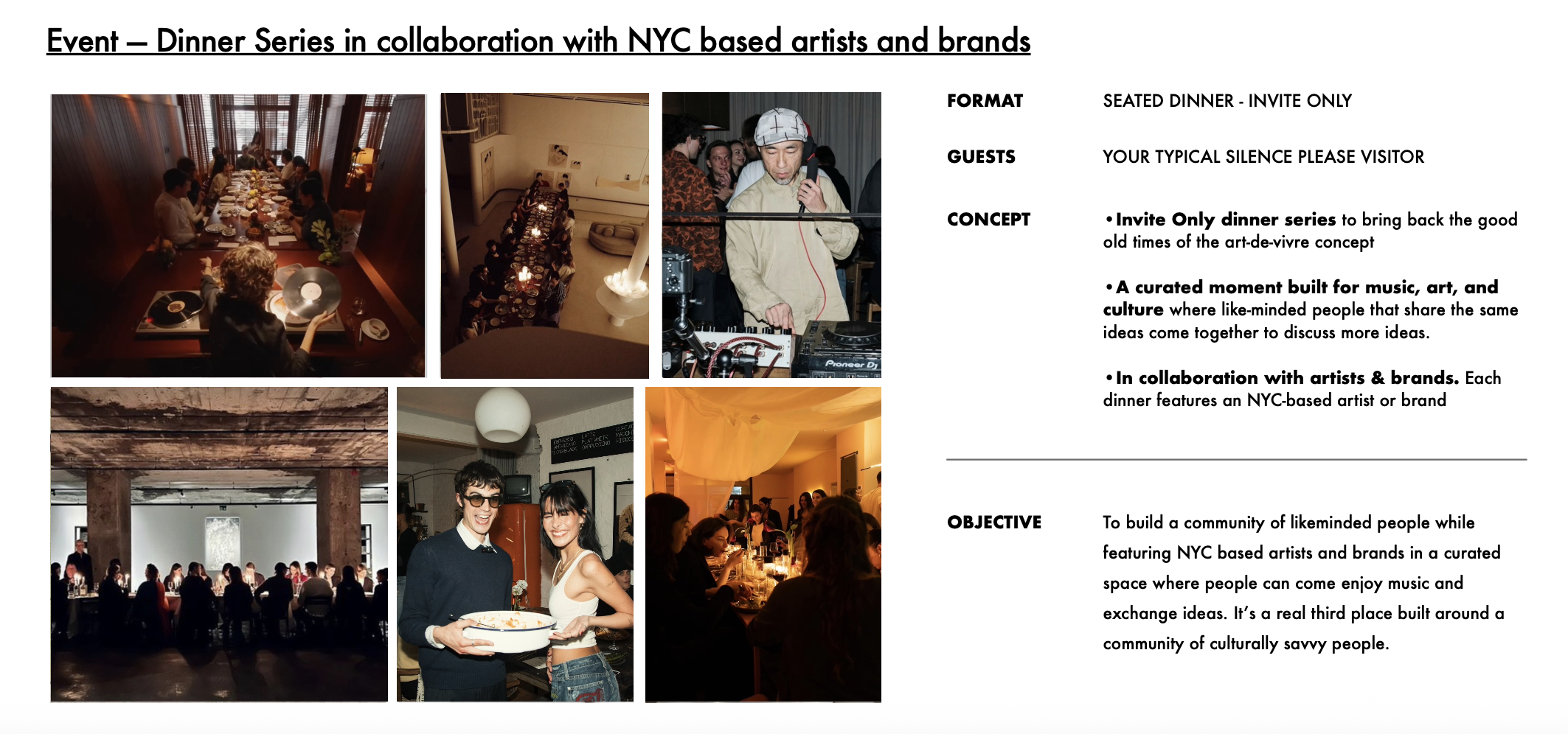 Silence Please dinner series overview: an invite-only seated dinner series in collaboration with NYC-based artists and brands, with format, guests, concept and objective details alongside photos of past dinners.